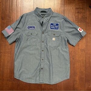 Carhartt Men's “Loose Fit” Blue Work Shirt, Lots of Patches, Size Large